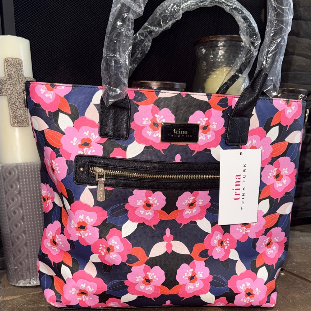 Trina Turk Pink and Black Floral shoulder cross body bag